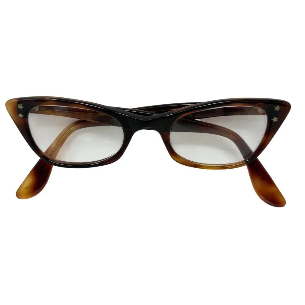 Vintage Womens Cats Eye Glasses +Case Brown Tortoiseshell Plastic Frames Bifocal
